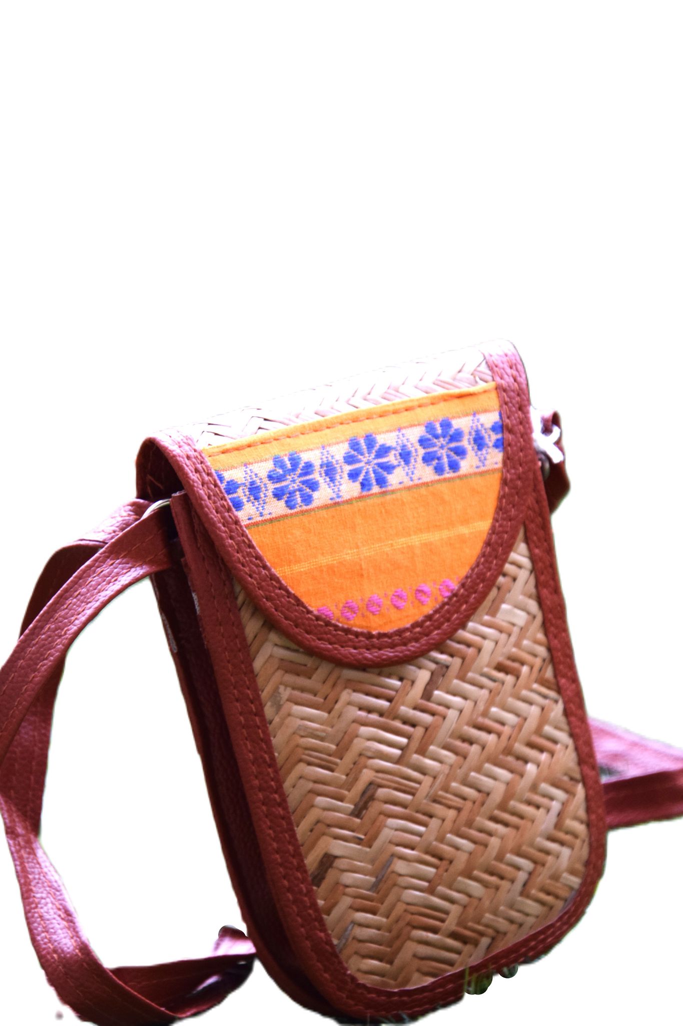 Handwoven Bamboo Crossbody Bag with Floral Accent