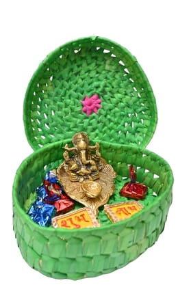 Green Woven Basket Gift Set with Lord Ganesha & Chocolates