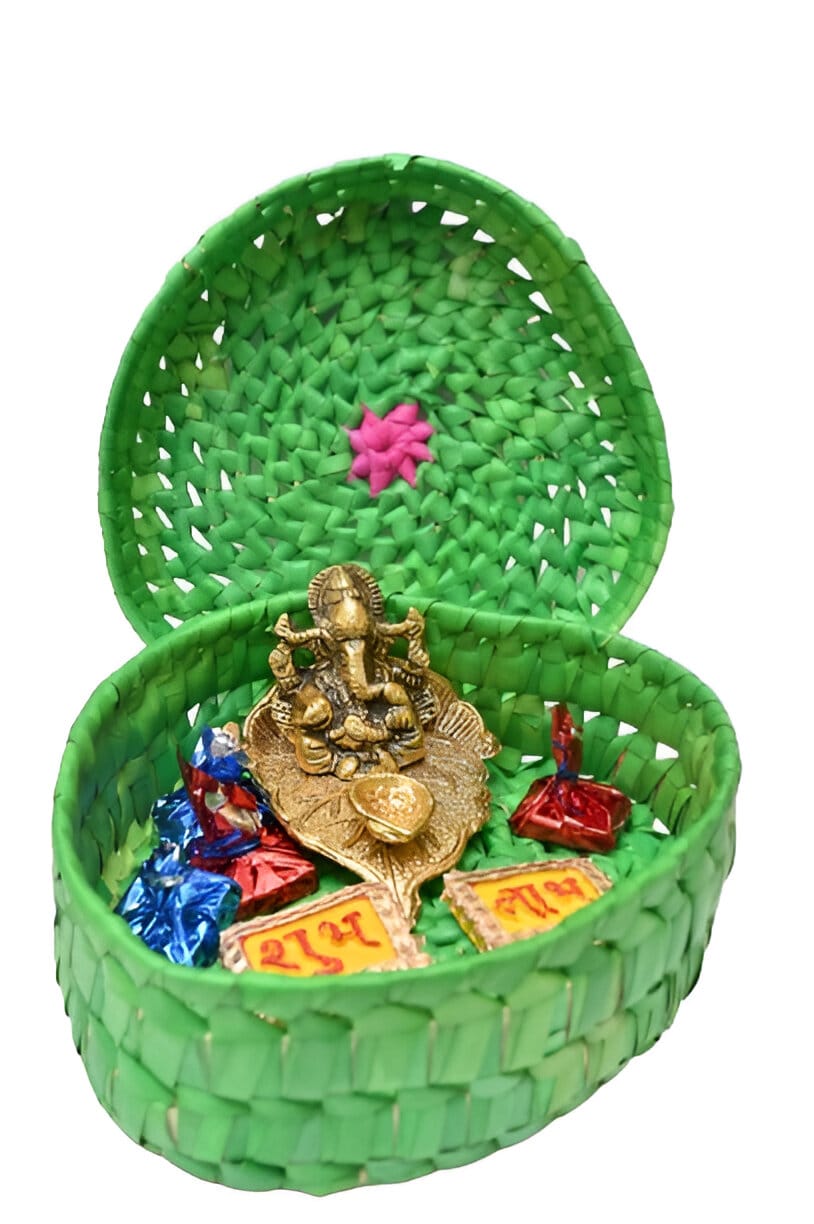 Green Woven Basket Gift Set with Lord Ganesha & Chocolates