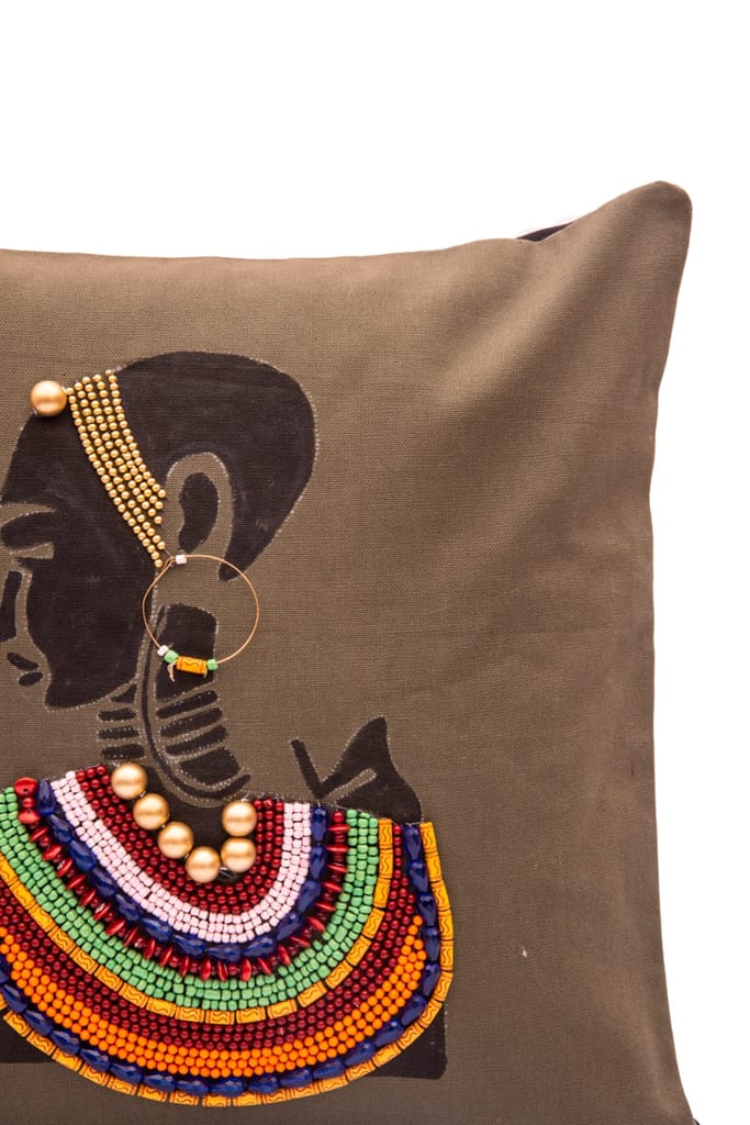 Tribal Woman Beaded Cushion Cover