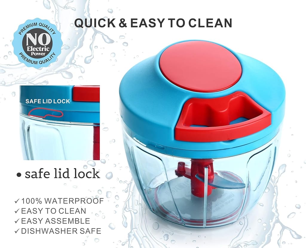 GLOBAL IMPEX Vegetable Round Quick Handy Dori Chopper (1000 ml) with 6 Stainless Steel Blade and Whisker Multipurpose Speedy, Dry Fruit and Onion Machine for Kitchen Tool (Sky Blue & Red 1000ml)