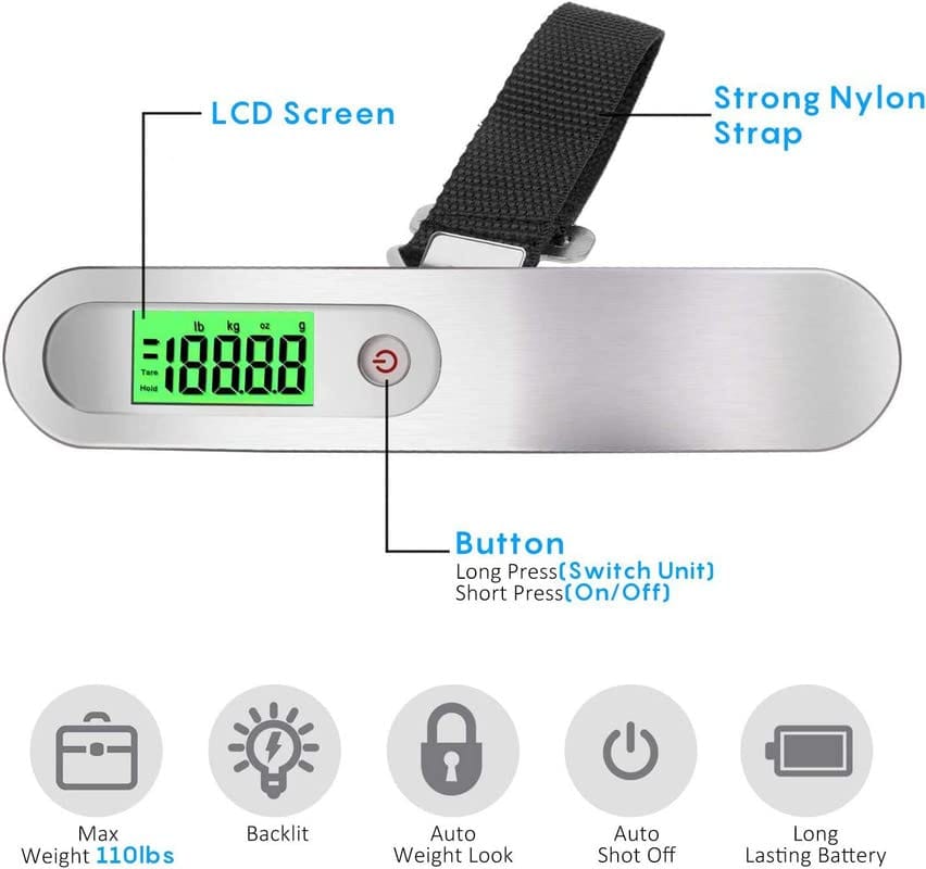 NEWWAY Digital Metal Luggage Weighing Scale For Flight Travel Shop Home Portable Hanging Weight Machine For Bags And Baggage Included Battery - 50 Kg With LCD Display Steel (Pack of 1)