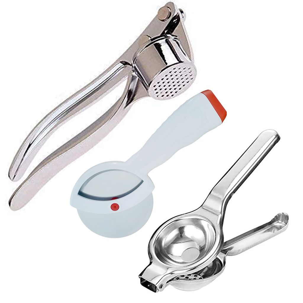 GLOBAL IMPEX Combo of Stainless Steel Garlic Crusher, Lemon Squeezer with Bottle Opener and Pizza Cutter with Plastic Handle Combo Comfortable Handle Kitchen