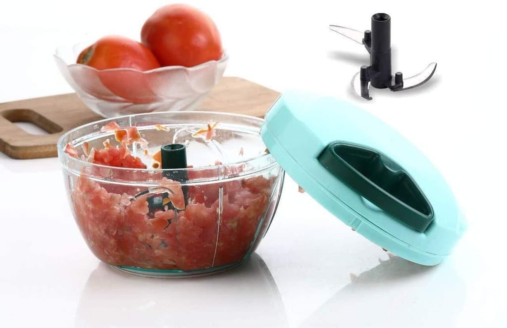 NEWWAY 450ml Pull Cord Vegetable Chopper – Mini Manual Food Cutter with 3 Stainless Steel Blades for Onion, Garlic, Fruits, Dry Fruits & More | BPA Free & Compact