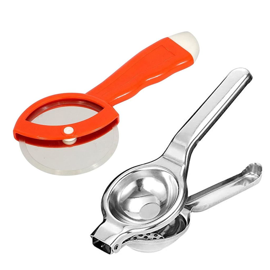 GLOBAL IMPEX Stainless Steel Lemon Squeezer with Bottle Opener and Pizza Cutter with Plastic Handle Combo Set Comfortable Handle Kitchen Combo