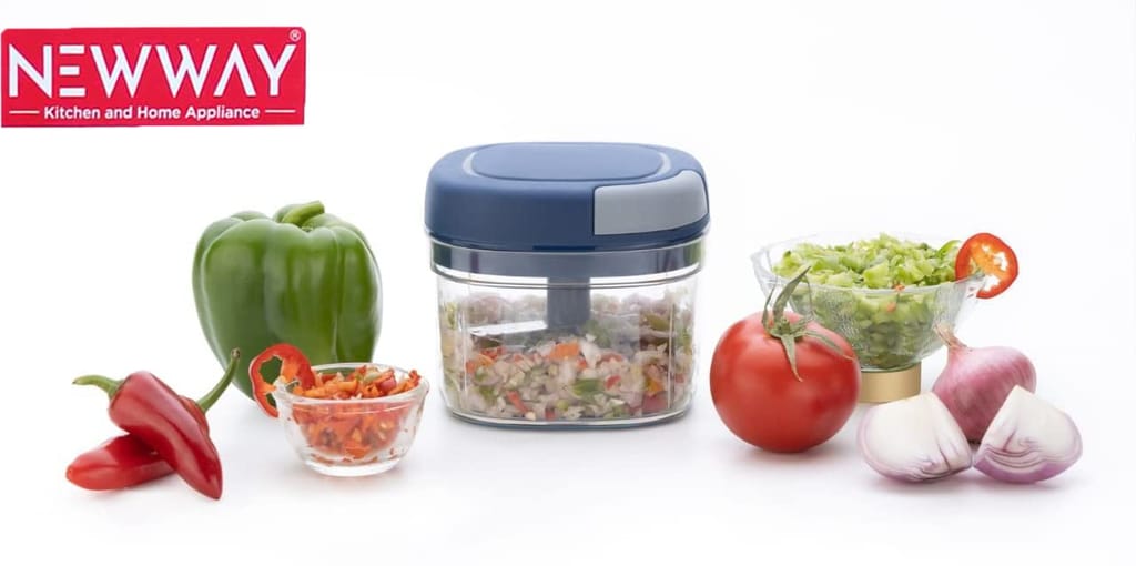 NEWWAY 450ml Pull Cord Vegetable Chopper – Mini Manual Food Cutter with 3 Stainless Steel Blades for Onion, Garlic, Fruits, Dry Fruits & More | BPA Free & Compact