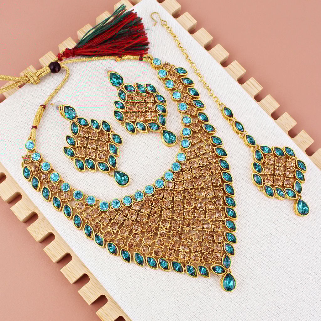 LUCKY JEWELLERY Designer Gold Plated Gold Turquoise Color Stone Necklace Set For Women & Girls (825-L1SS-836-LCT-F)
