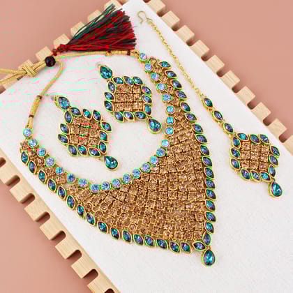 LUCKY JEWELLERY Designer Gold Plated Gold Turquoise Color Stone Necklace Set For Women & Girls (825-L1SS-836-LCT-F)