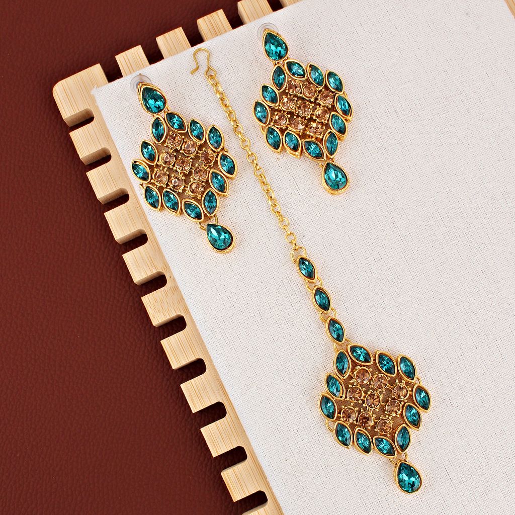 LUCKY JEWELLERY Designer Gold Plated Gold Turquoise Color Stone Necklace Set For Women & Girls (825-L1SS-836-LCT-F)