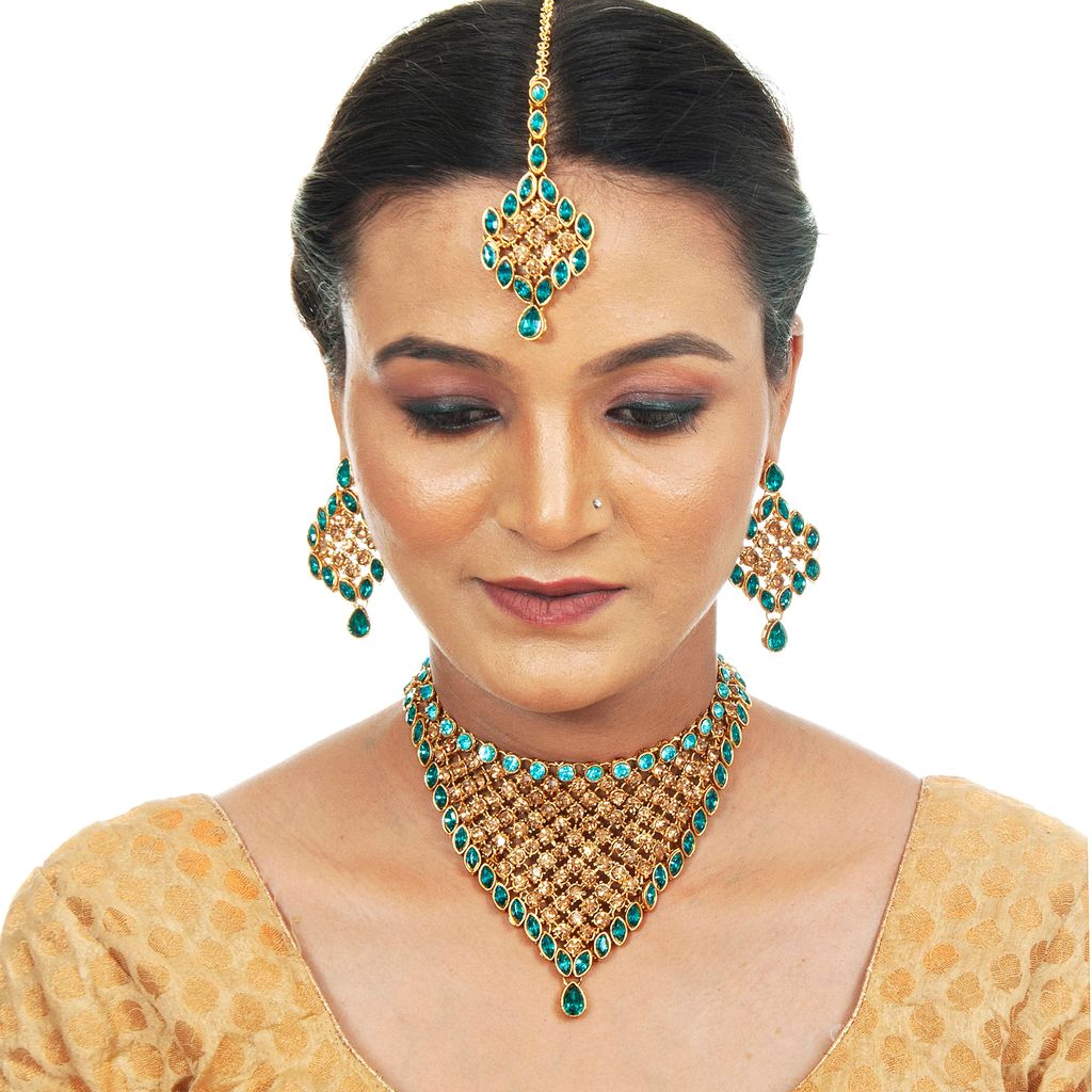 LUCKY JEWELLERY Designer Gold Plated Gold Turquoise Color Stone Necklace Set For Women & Girls (825-L1SS-836-LCT-F)