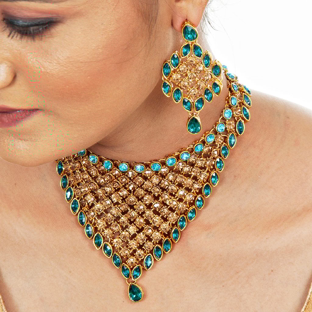 LUCKY JEWELLERY Designer Gold Plated Gold Turquoise Color Stone Necklace Set For Women & Girls (825-L1SS-836-LCT-F)