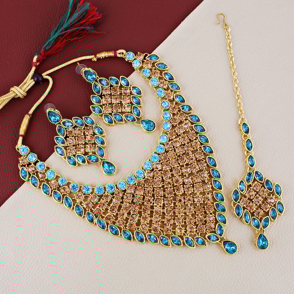 LUCKY JEWELLERY Designer Gold Plated Gold Turquoise Color Stone Necklace Set For Women & Girls (825-L1SS-836-LCT-F)
