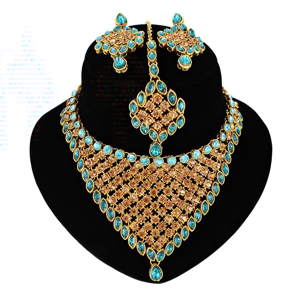 LUCKY JEWELLERY Designer Gold Plated Gold Turquoise Color Stone Necklace Set For Women & Girls (825-L1SS-836-LCT-F)