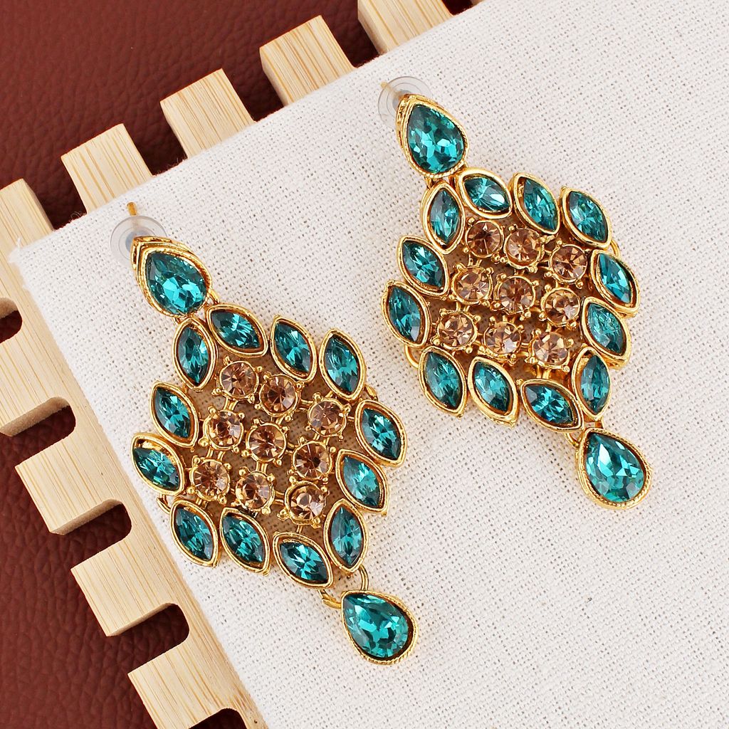 LUCKY JEWELLERY Designer Gold Plated Gold Turquoise Color Stone Necklace Set For Women & Girls (825-L1SS-836-LCT-F)