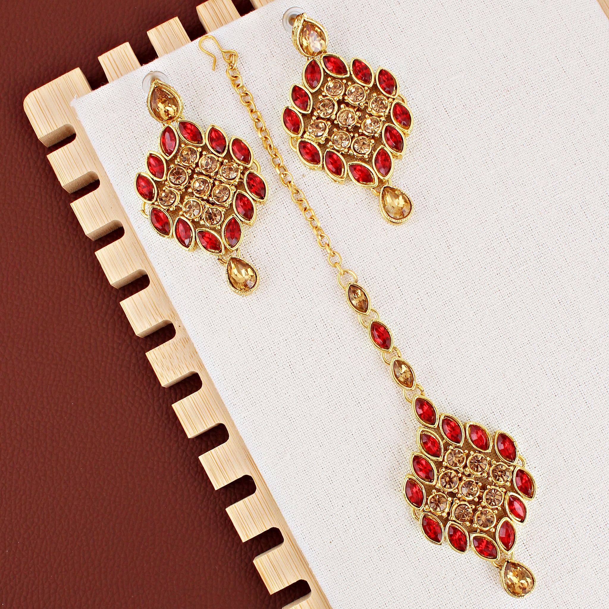 LUCKY JEWELLERY Designer Gold Plated Gold Red Color Stone Necklace Set For Women & Girls (825-L1SS-836-LCT-RED)