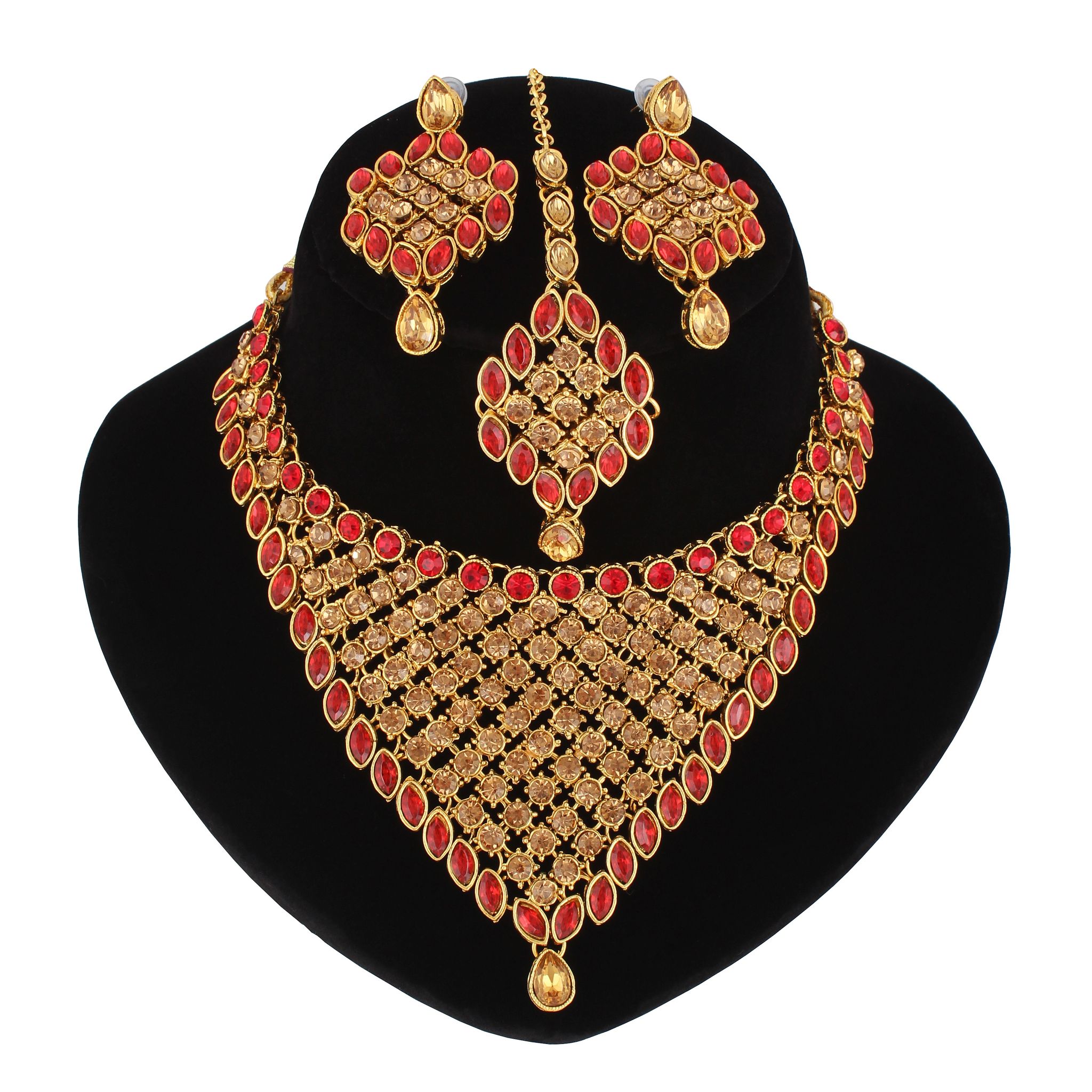 LUCKY JEWELLERY Designer Gold Plated Gold Red Color Stone Necklace Set For Women & Girls (825-L1SS-836-LCT-RED)