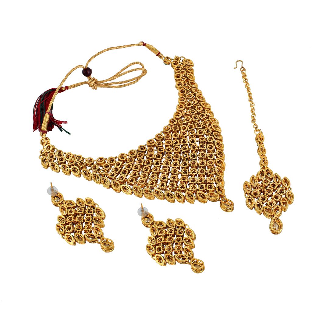 LUCKY JEWELLERY Designer Gold Plated Gold Red Color Stone Necklace Set For Women & Girls (825-L1SS-836-LCT-RED)