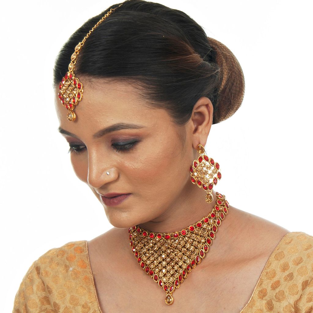 LUCKY JEWELLERY Designer Gold Plated Gold Red Color Stone Necklace Set For Women & Girls (825-L1SS-836-LCT-RED)