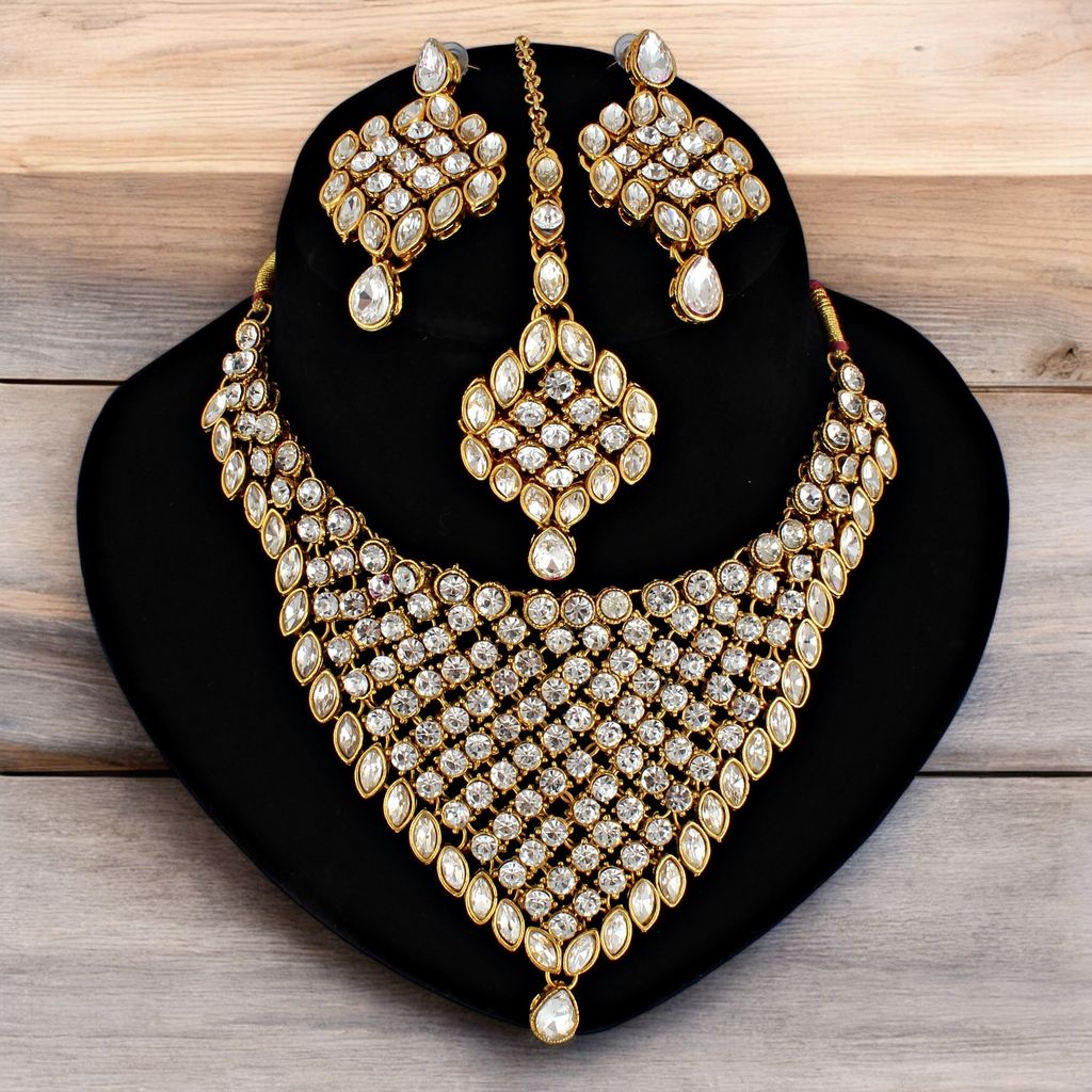 LUCKY JEWELLERY Designer Gold Plated White Color Stone Necklace Set For Women & Girls (825-L1SS-836-W)