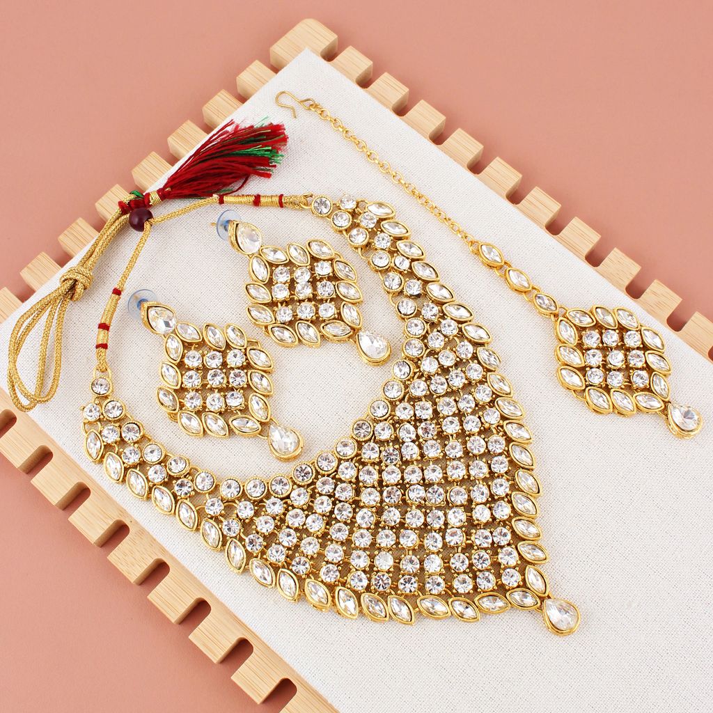 LUCKY JEWELLERY Designer Gold Plated White Color Stone Necklace Set For Women & Girls (825-L1SS-836-W)