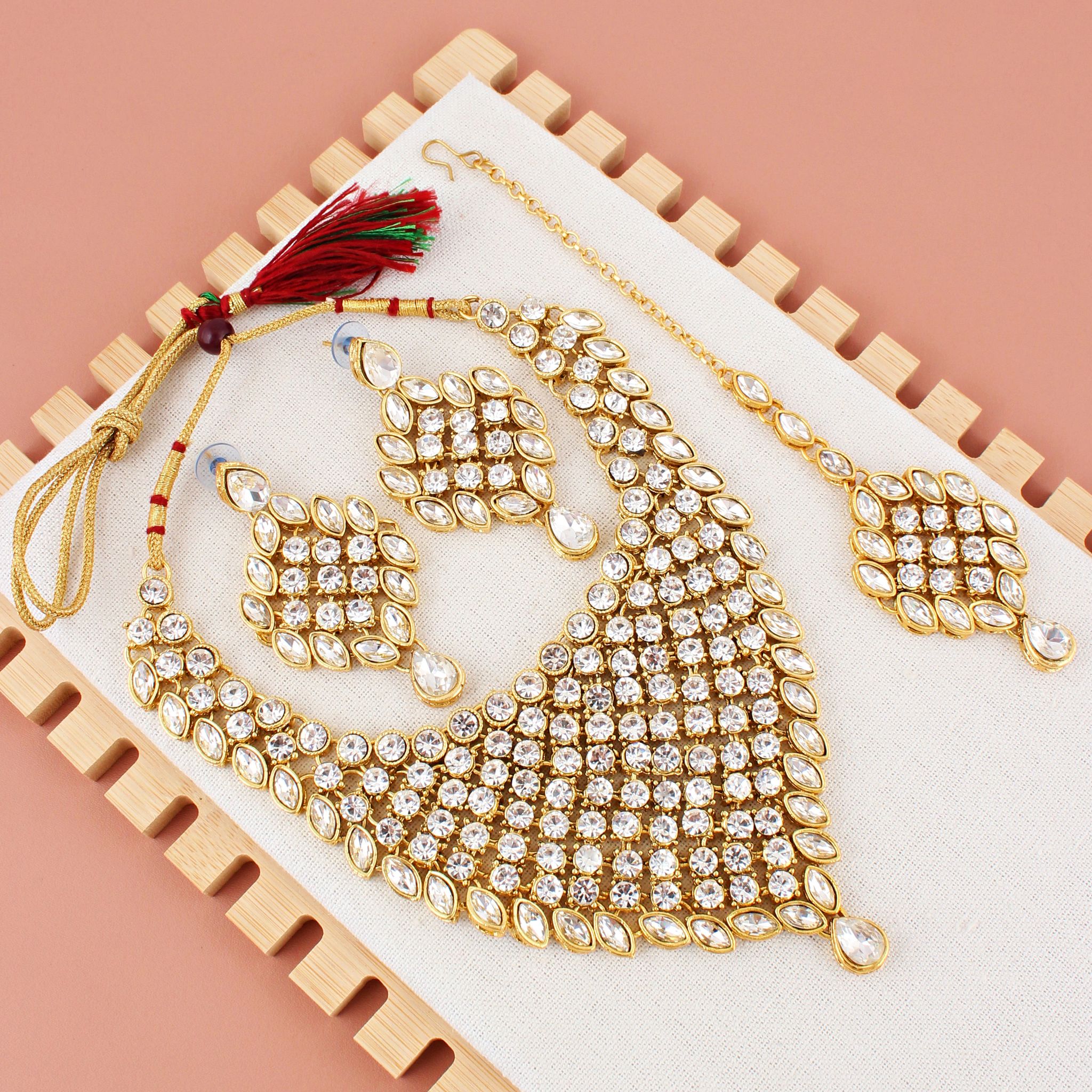 LUCKY JEWELLERY Designer Gold Plated White Color Stone Necklace Set For Women & Girls (825-L1SS-836-W)