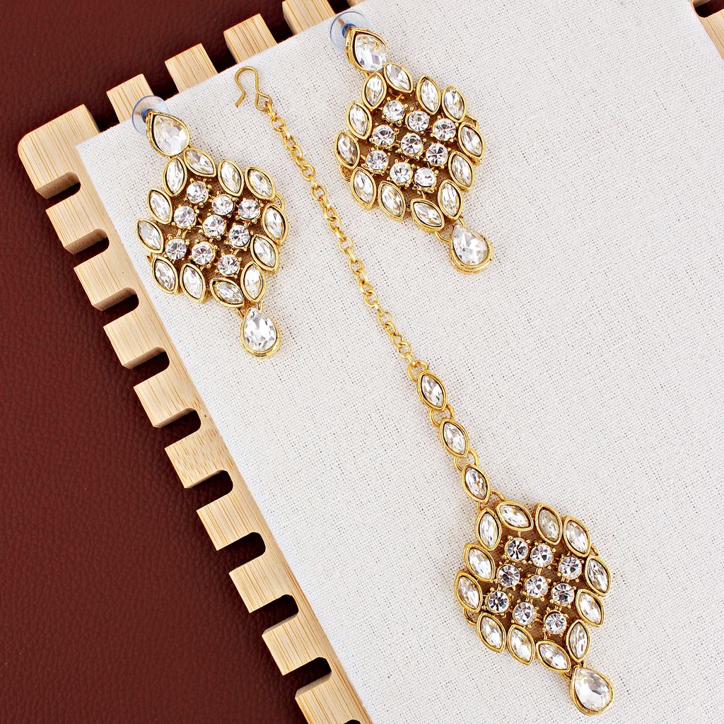 LUCKY JEWELLERY Designer Gold Plated White Color Stone Necklace Set For Women & Girls (825-L1SS-836-W)