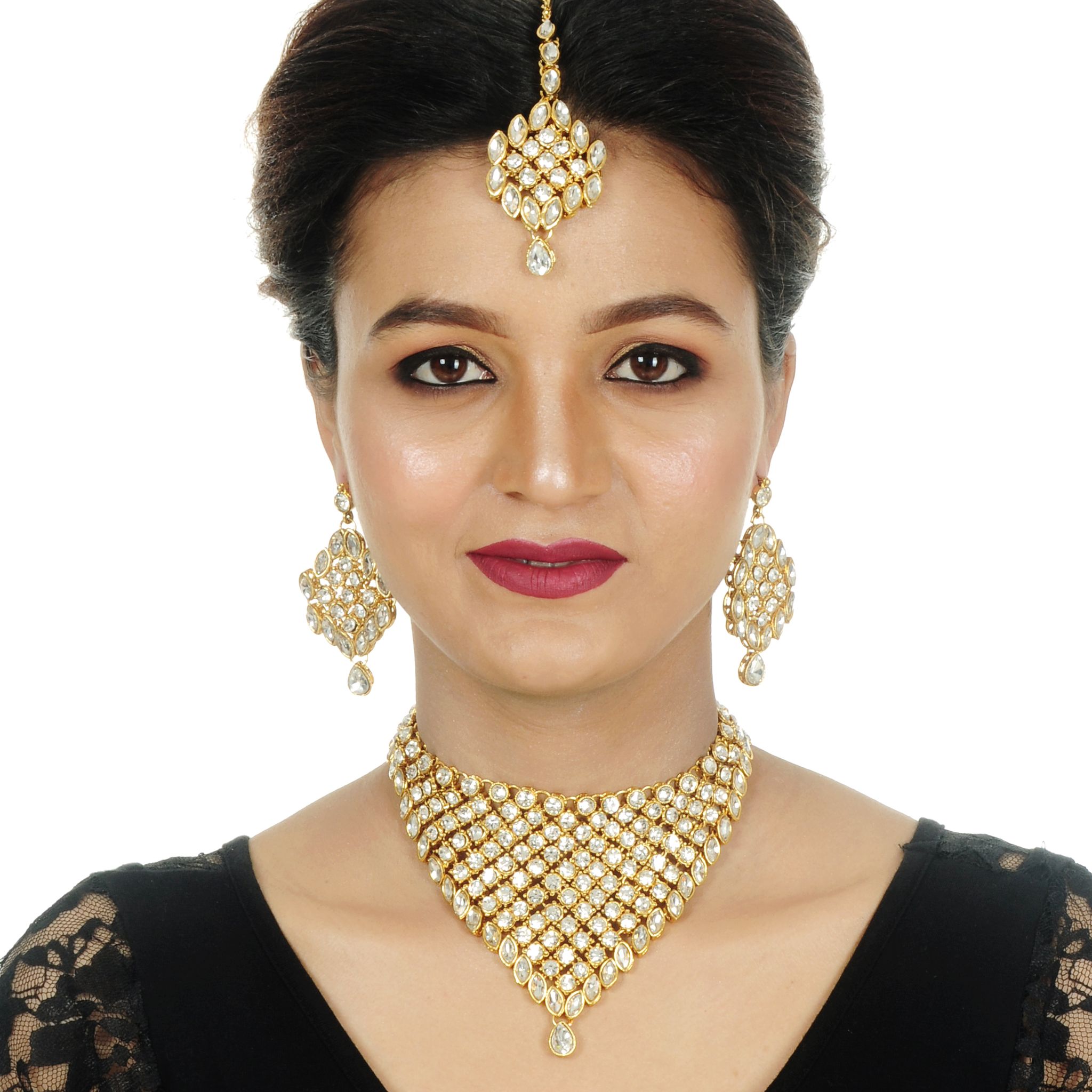 LUCKY JEWELLERY Designer Gold Plated White Color Stone Necklace Set For Women & Girls (825-L1SS-836-W)