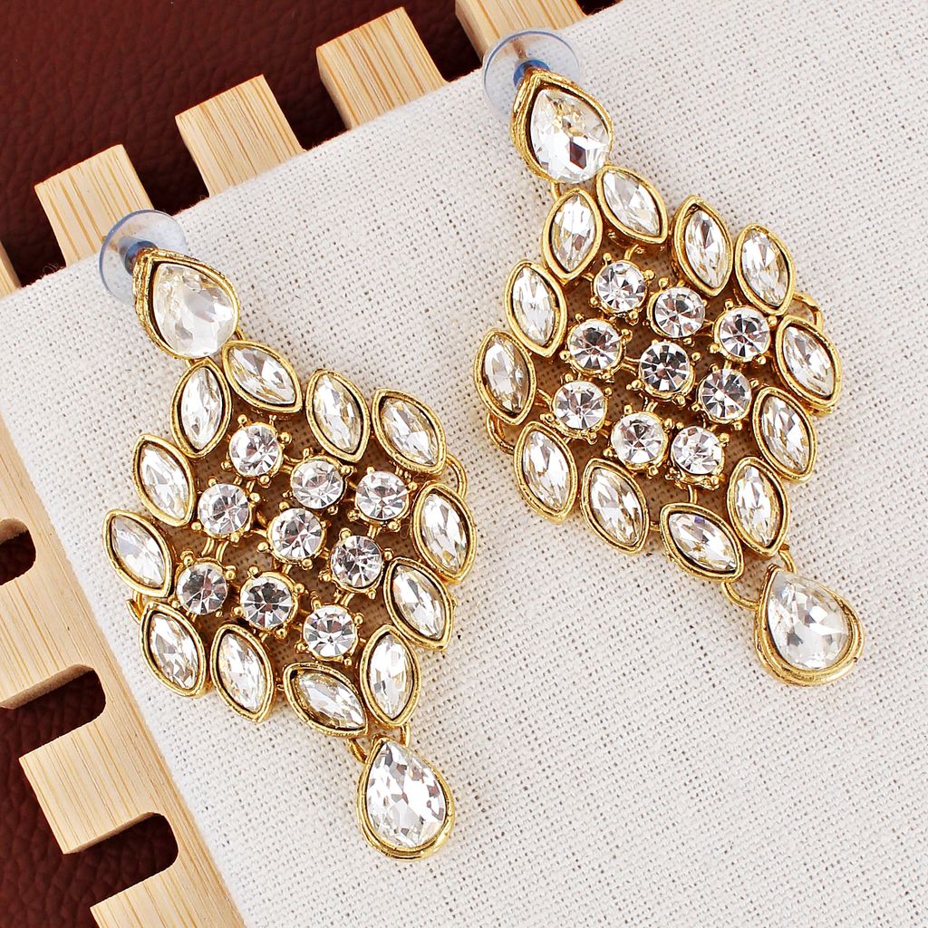 LUCKY JEWELLERY Designer Gold Plated White Color Stone Necklace Set For Women & Girls (825-L1SS-836-W)