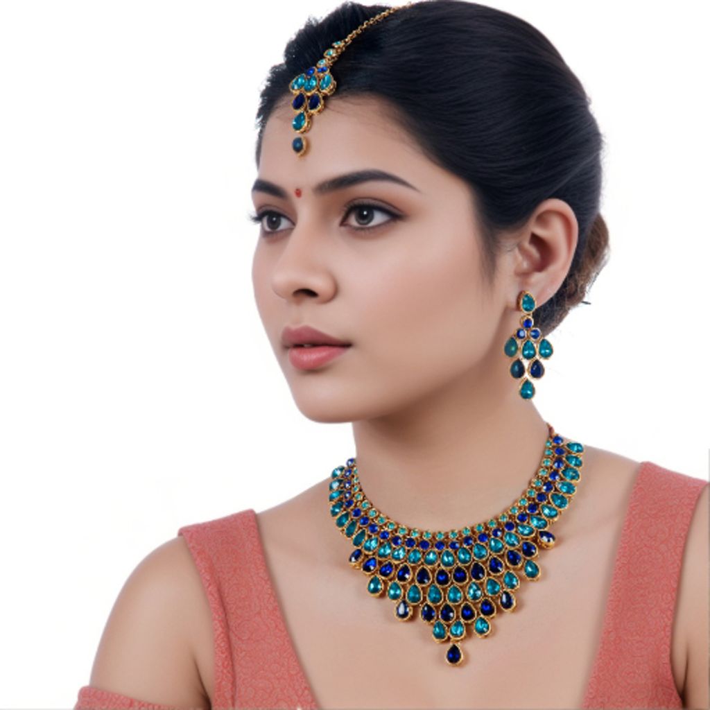 LUCKY JEWELLERY Designer Gold Plated Turquoise Blue Color Stone Necklace Set For Women & Girls (825-L1SS-837-FB)