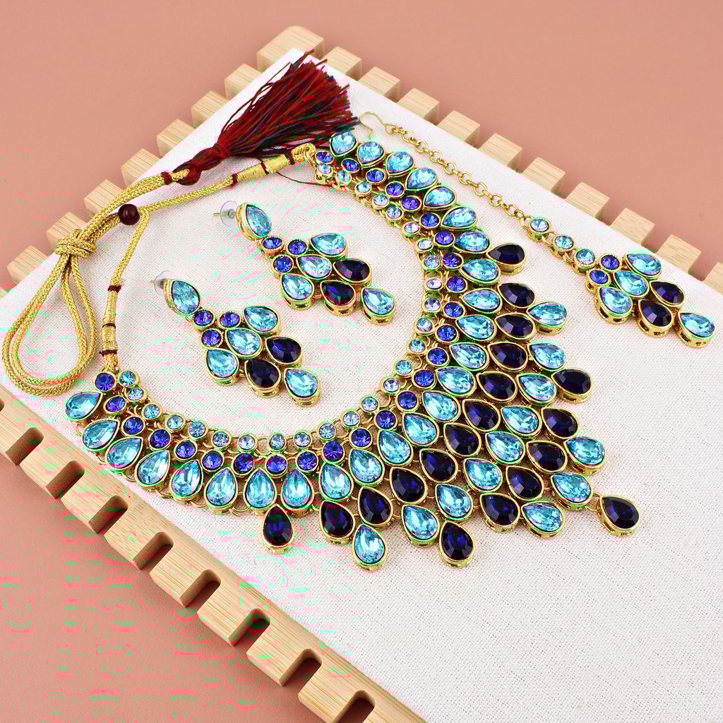 LUCKY JEWELLERY Designer Gold Plated Turquoise Blue Color Stone Necklace Set For Women & Girls (825-L1SS-837-FB)