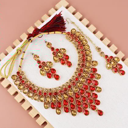 LUCKY JEWELLERY Designer Gold Plated Gold Red Color Stone Necklace Set For Women & Girls (825-L1SS-837-LCT-RED)