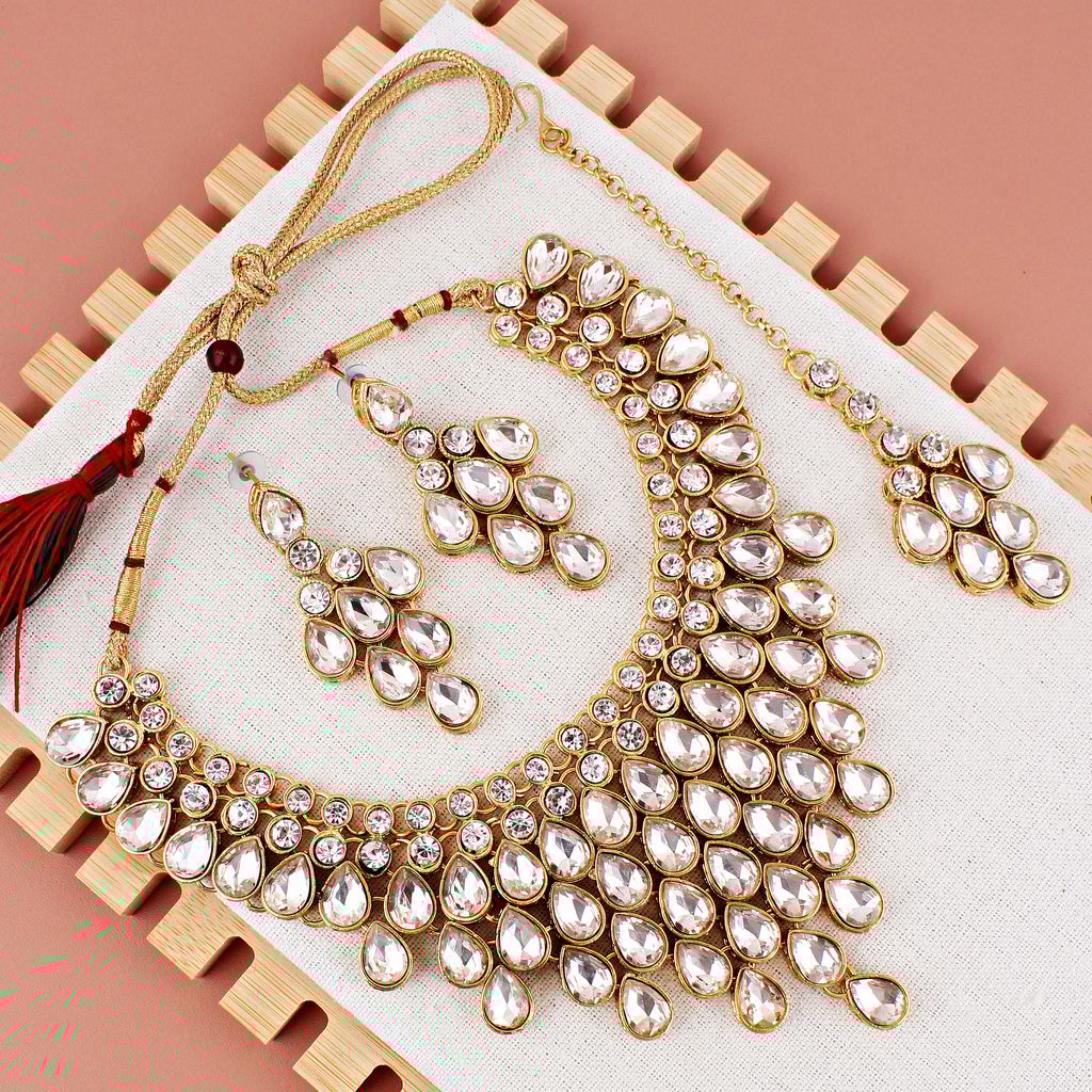 LUCKY JEWELLERY Designer Gold Plated White Color Stone Necklace Set For Women & Girls (825-L1SS-837-W)