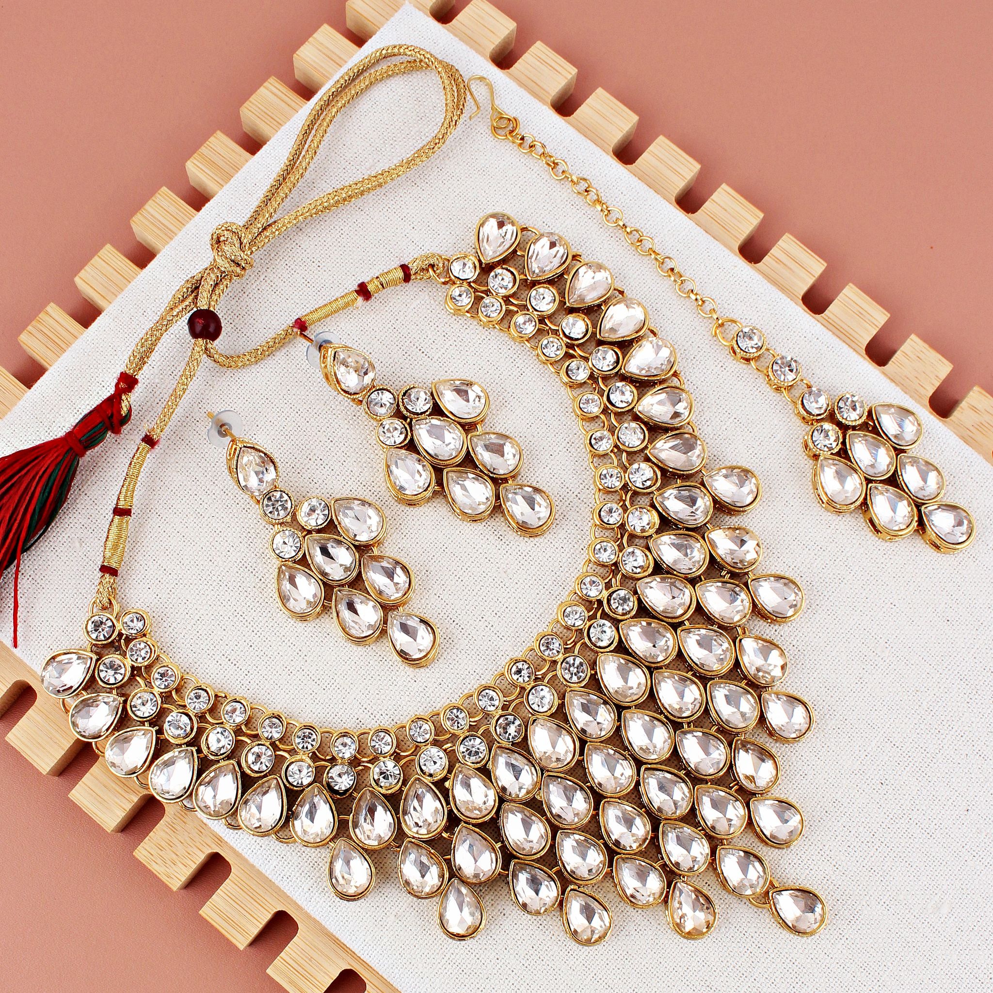 Gold Plated Jewellery Gold Necklace White Stone LUCKY JEWELLERY