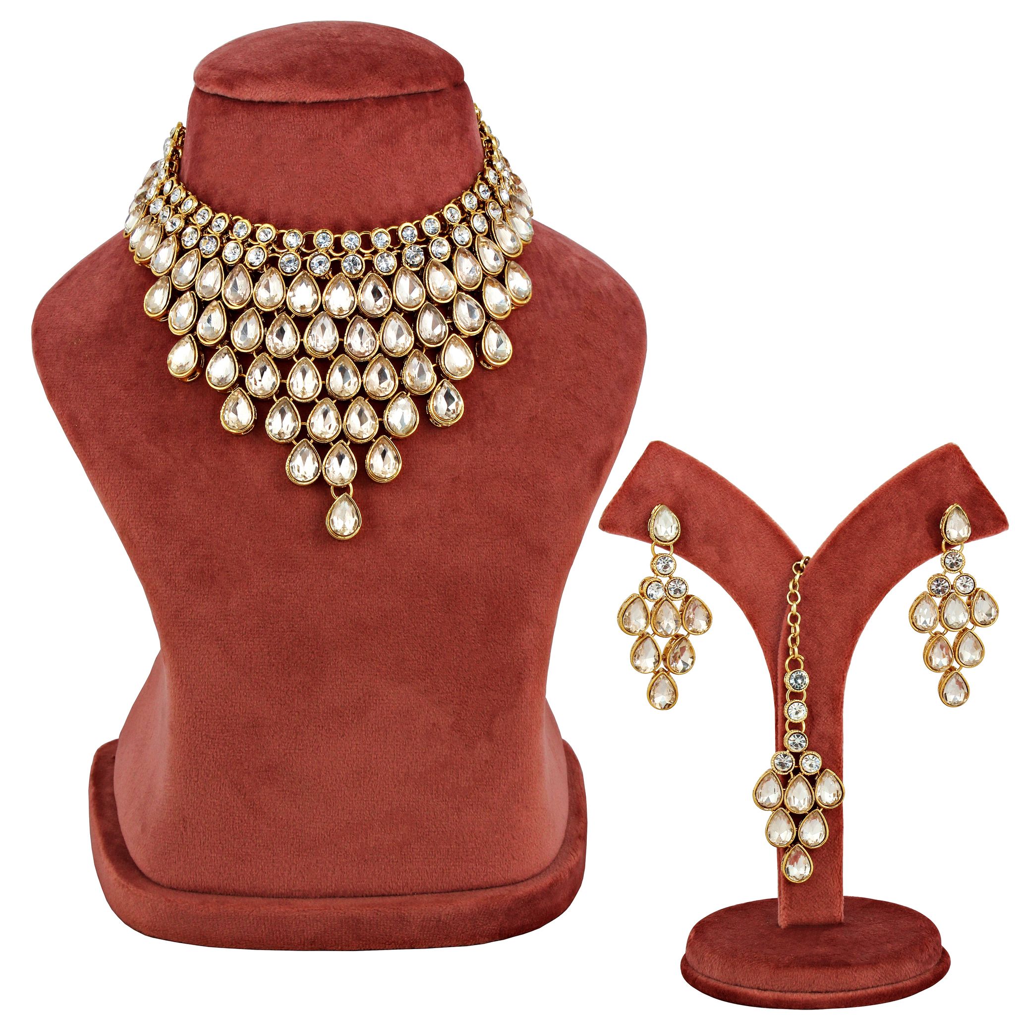 LUCKY JEWELLERY Designer Gold Plated White Color Stone Necklace Set For Women & Girls (825-L1SS-837-W)