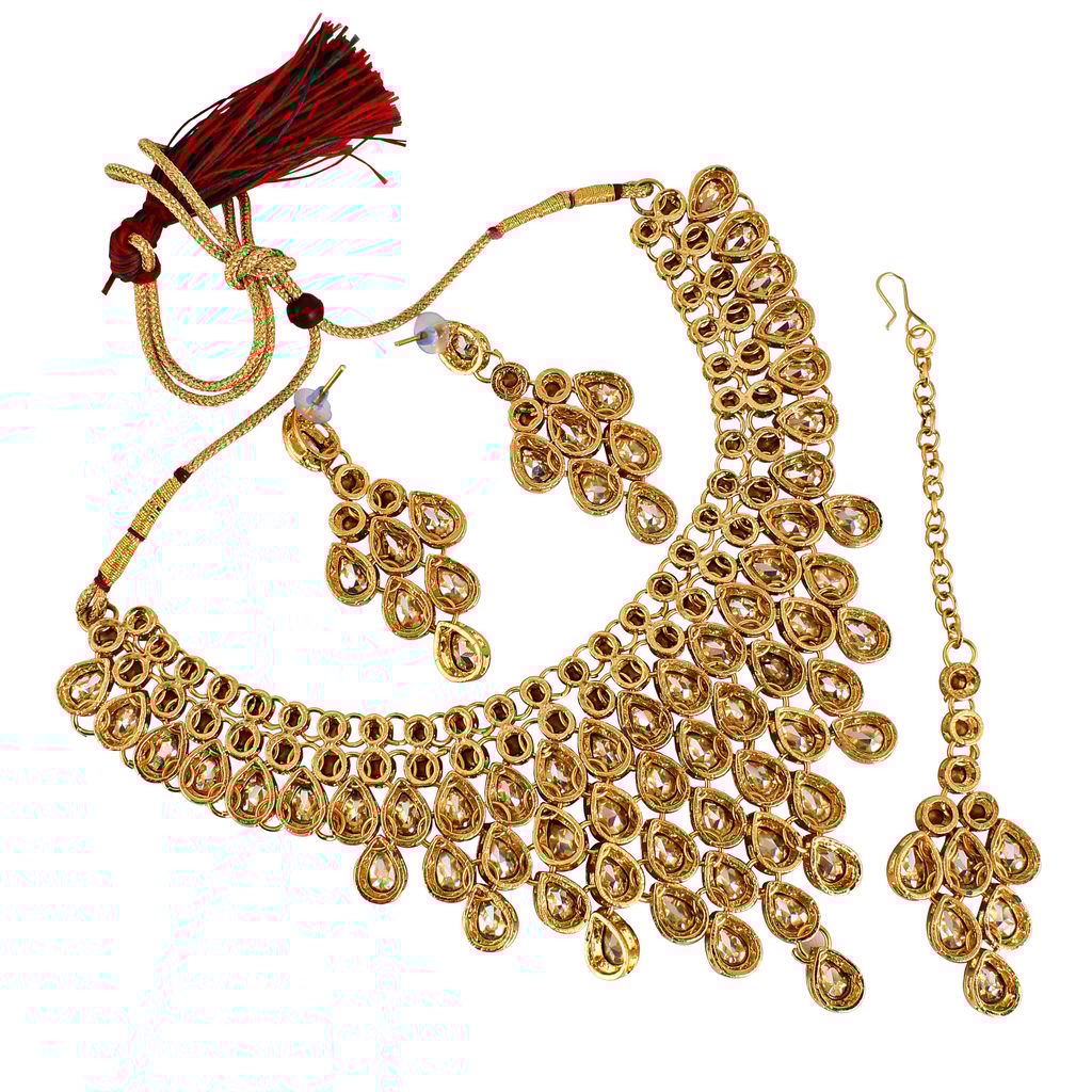 LUCKY JEWELLERY Designer Gold Plated White Color Stone Necklace Set For Women & Girls (825-L1SS-837-W)