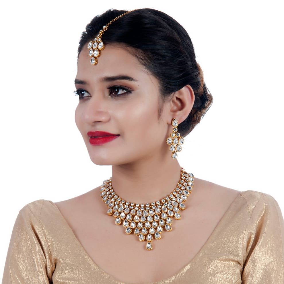 LUCKY JEWELLERY Designer Gold Plated White Color Stone Necklace Set For Women & Girls (825-L1SS-837-W)