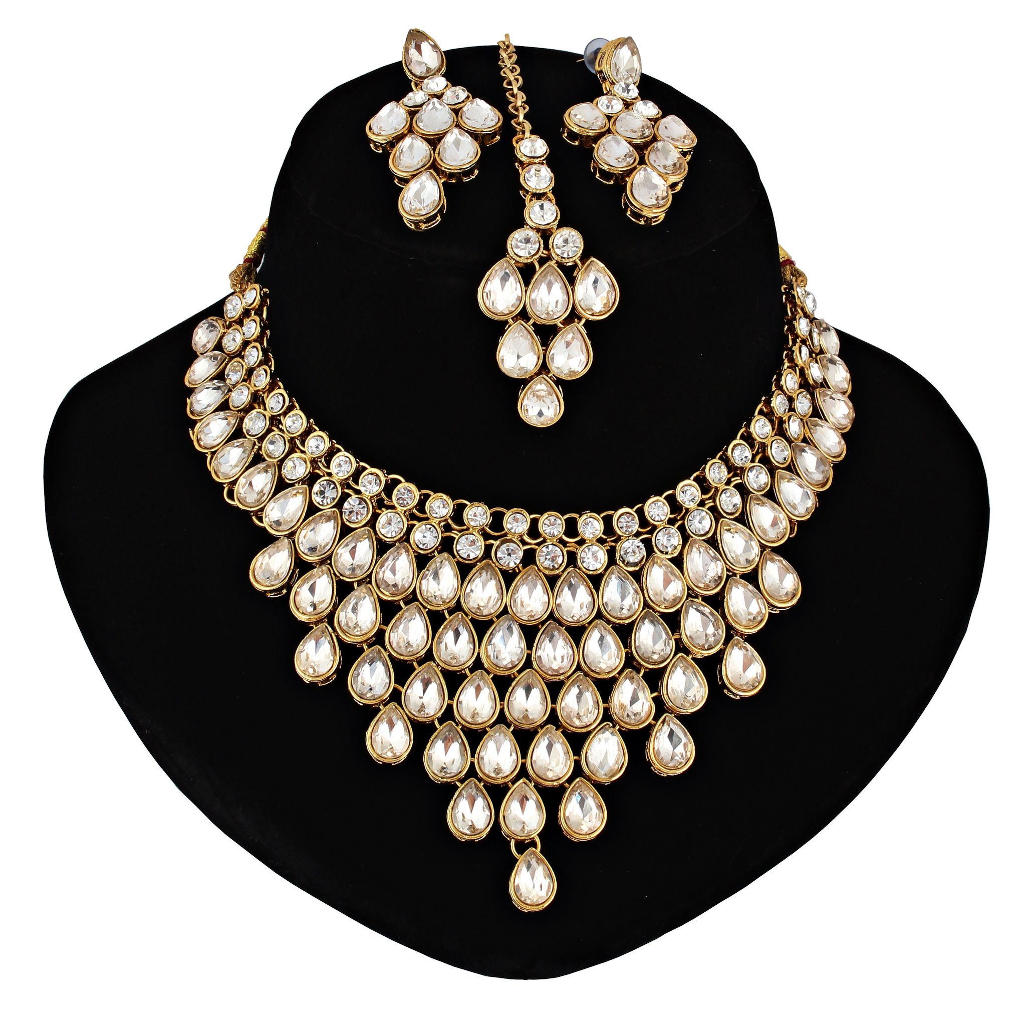 LUCKY JEWELLERY Designer Gold Plated White Color Stone Necklace Set For Women & Girls (825-L1SS-837-W)