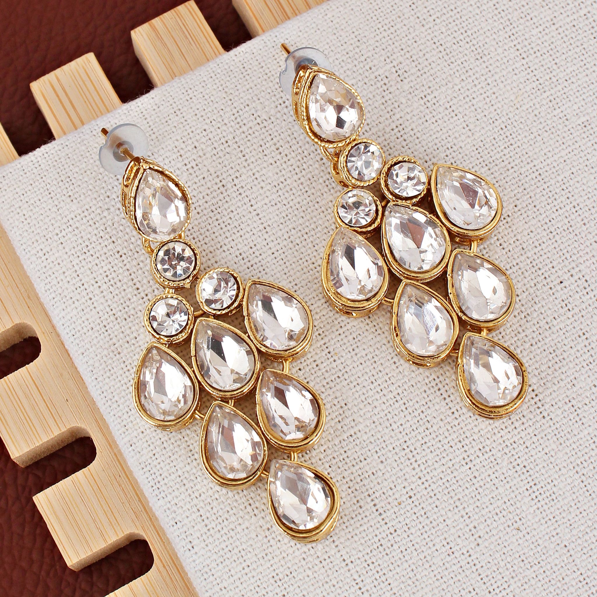 LUCKY JEWELLERY Designer Gold Plated White Color Stone Necklace Set For Women & Girls (825-L1SS-837-W)