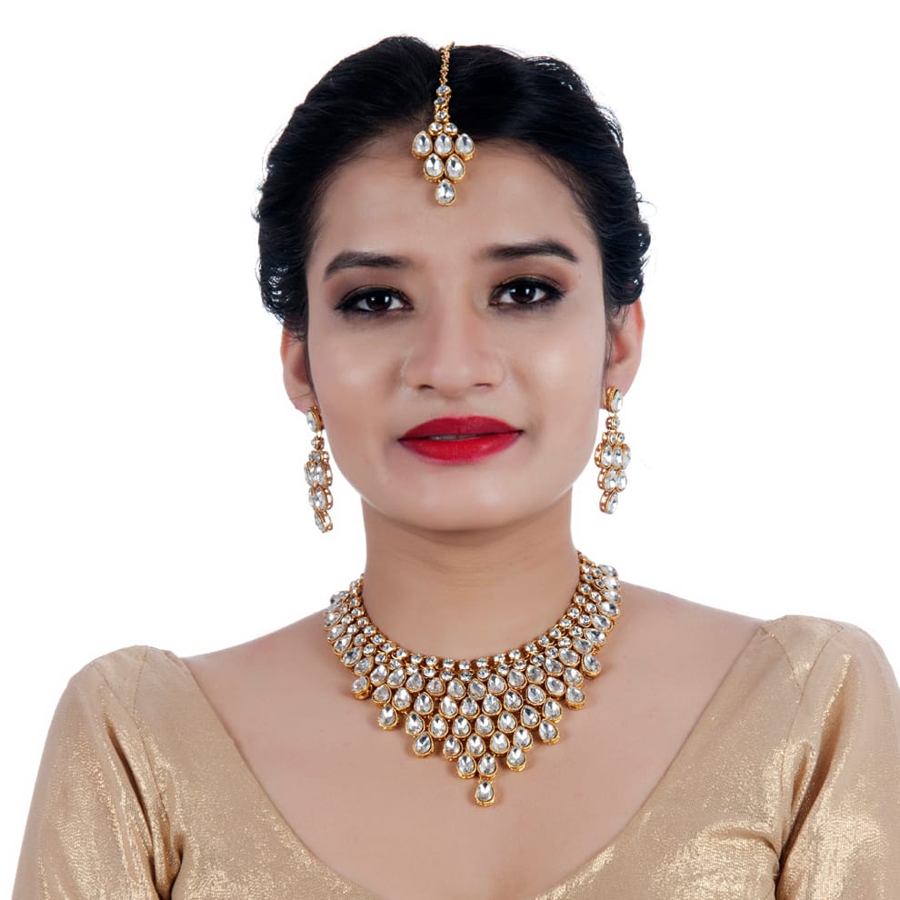 LUCKY JEWELLERY Designer Gold Plated White Color Stone Necklace Set For Women & Girls (825-L1SS-837-W)