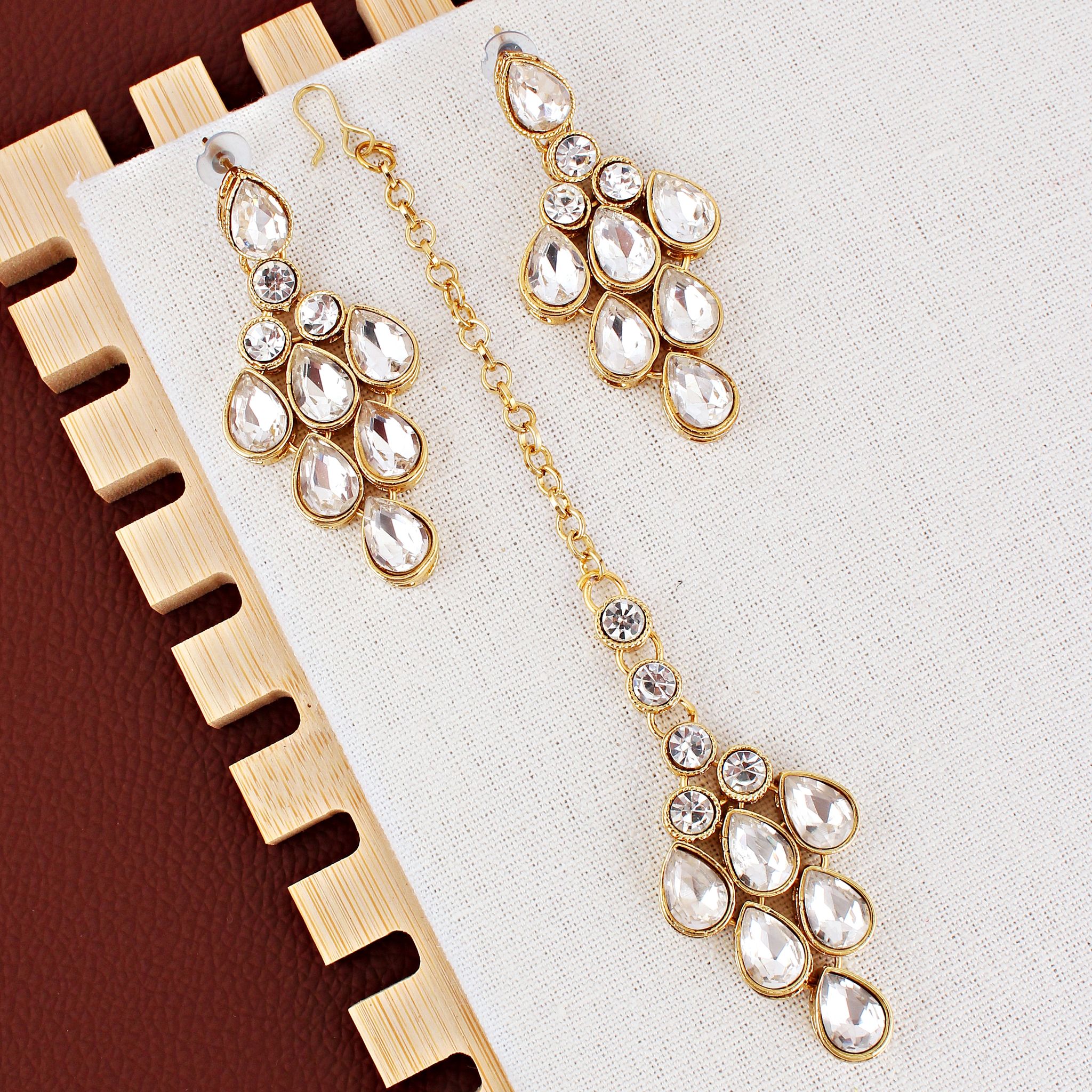 LUCKY JEWELLERY Designer Gold Plated White Color Stone Necklace Set For Women & Girls (825-L1SS-837-W)