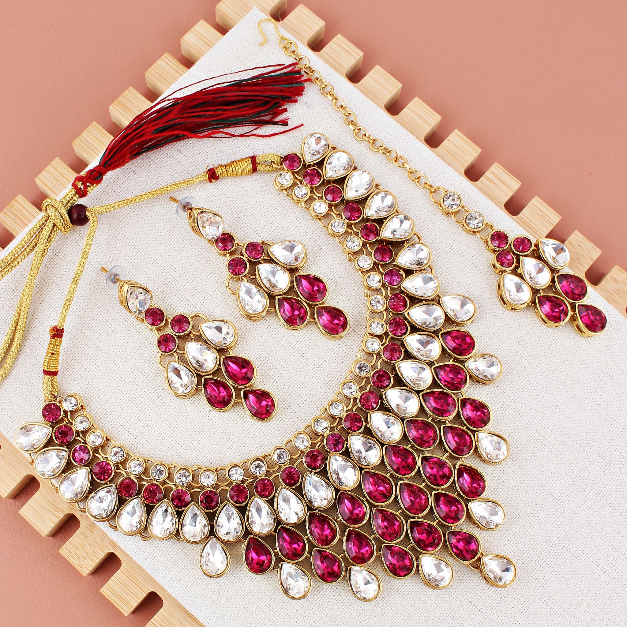 LUCKY JEWELLERY Designer Gold Plated White Magenta Color Stone Necklace Set For Women & Girls (825-L1SS-837-W-R)