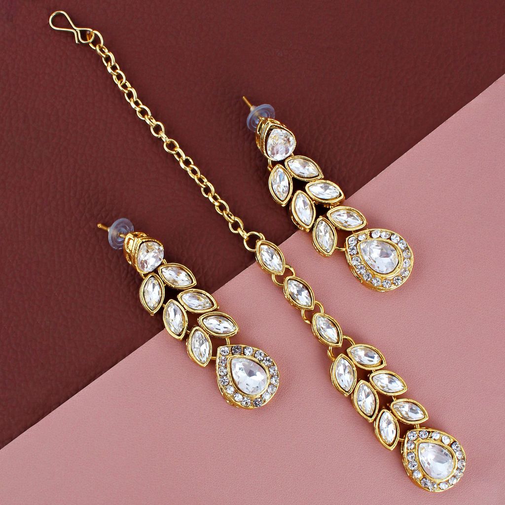 LUCKY JEWELLERY Designer Gold Plated White Color Stone Necklace Set For Women & Girls (875-L1SS-838-W)
