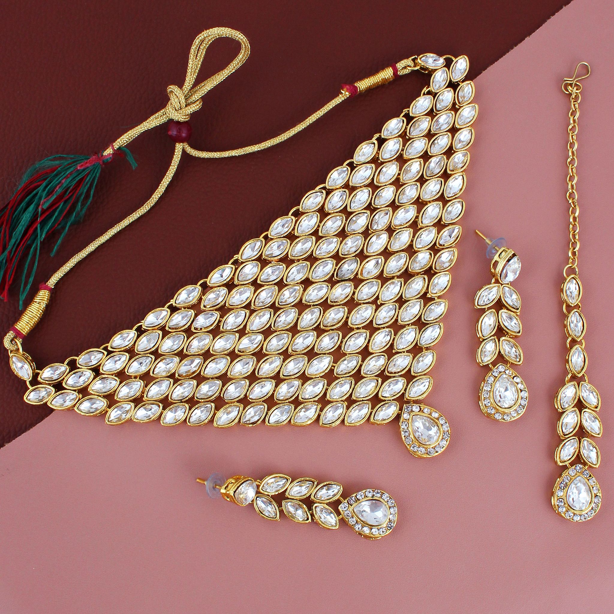 LUCKY JEWELLERY Designer Gold Plated White Color Stone Necklace Set For Women & Girls (875-L1SS-838-W)