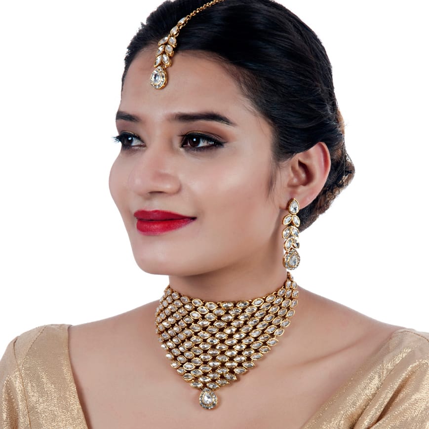 LUCKY JEWELLERY Designer Gold Plated White Color Stone Necklace Set For Women & Girls (875-L1SS-838-W)