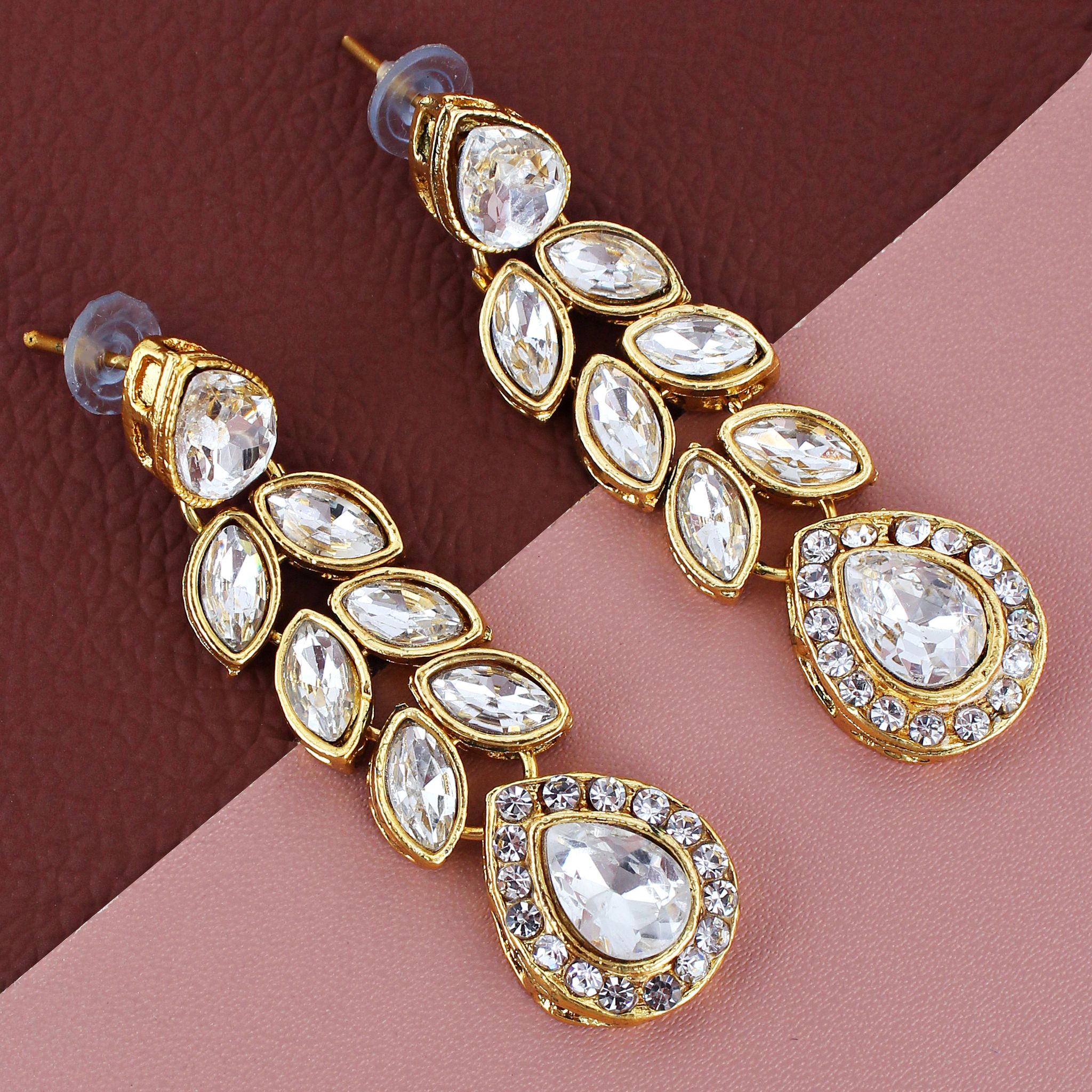 LUCKY JEWELLERY Designer Gold Plated White Color Stone Necklace Set For Women & Girls (875-L1SS-838-W)