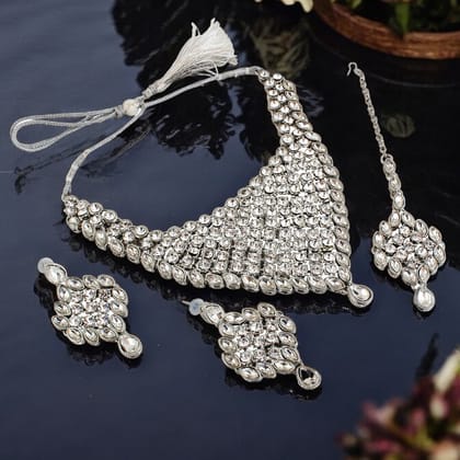 LUCKY JEWELLERY Designer Silver Plated White Color Stone Necklace Set For Women & Girls (908-L1SS-836-W-S)
