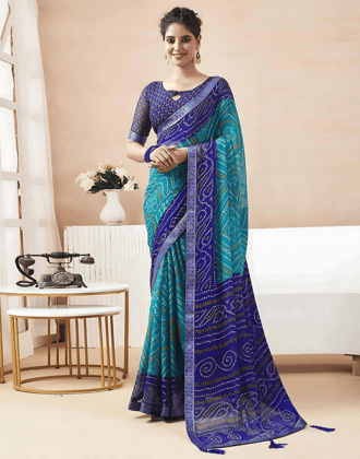 Blue Bandhani Chiffon Saree , Trendy saree, wedding saree, festive saree,printed, Chiffon daily wear saree