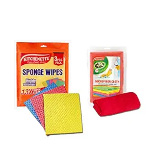 Kitchenette Cotton Sponge Wipes for Kitchen (Pack of 3) and Microfiber Cleaning Cloths | Multipurpose Cloth and Reusebale (Pack of 1)
