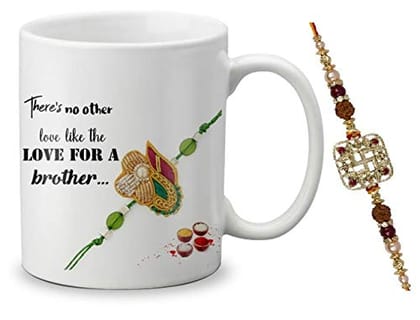 L.O.F Lords of Fashion Exclusive Hand Made Raksha Sutra with Swastik, Artificial Rudraksha and White Pearl Designer Rakhi R55 with Ceramic Printed Coffee Mug