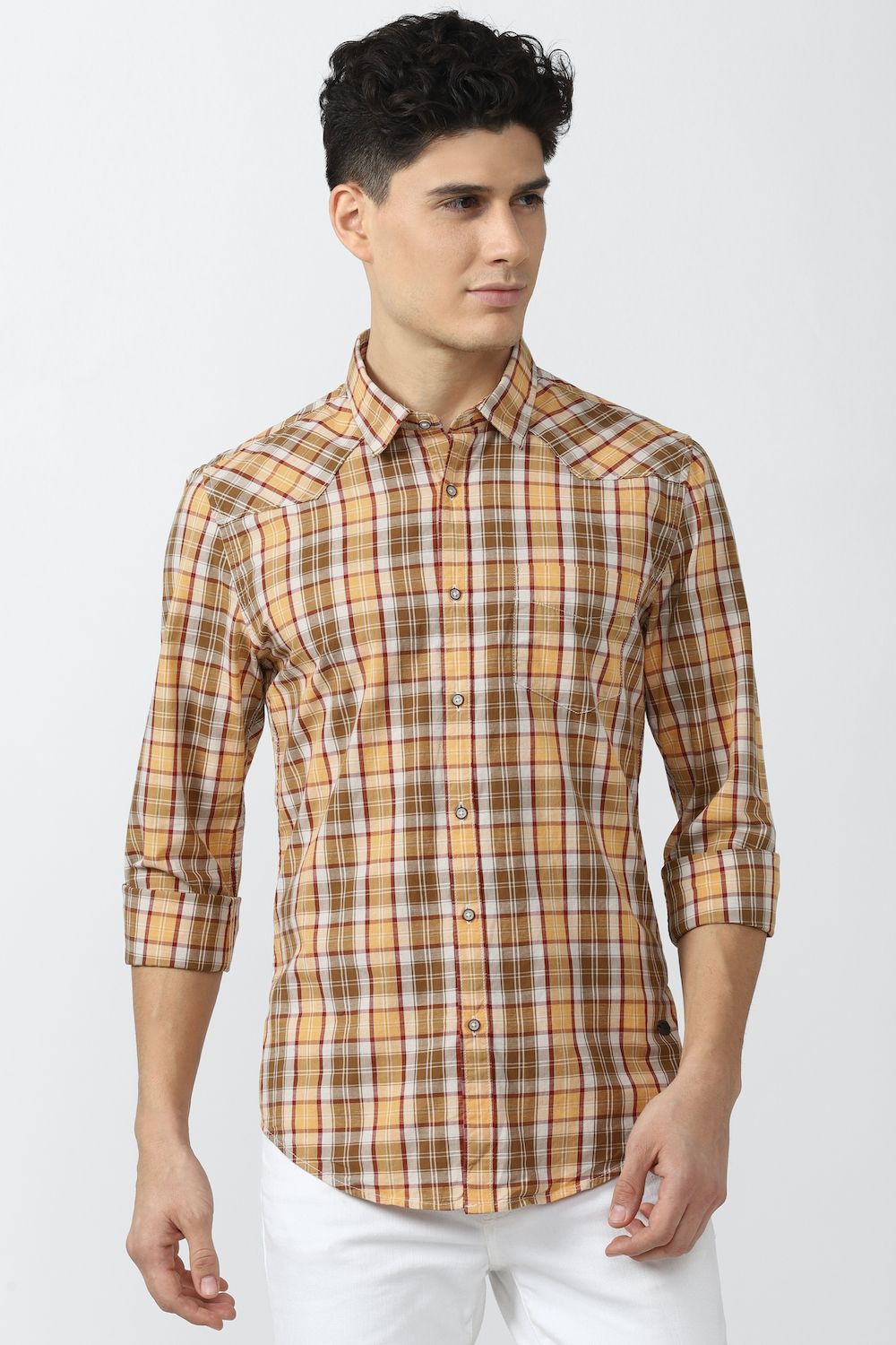 Men Khaki Super Slim Fit Check Full Sleeves Casual Shirt